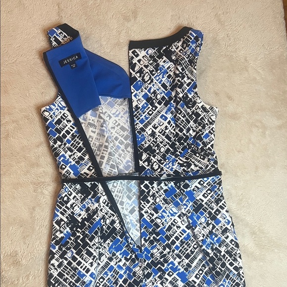 Jessica Abstract Blue and Black Dress with belt sz 10 Petite - Picture 14 of 14